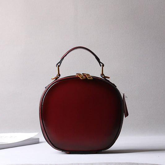 Brown Leather Messenger Bag Round Crossbody Office Purse