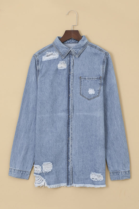 Oversized Distressed Denim Jacket Mid-Length
