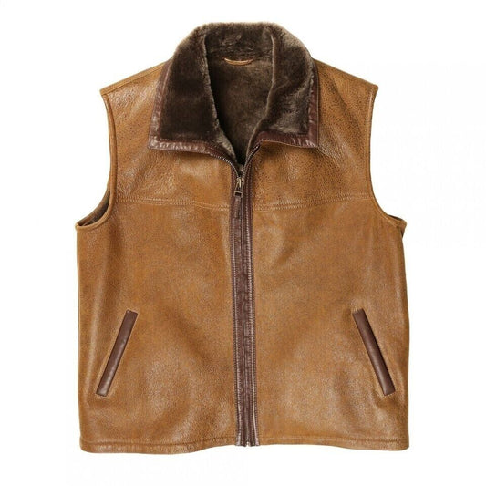 Brown Shearling Leather Vest Men's