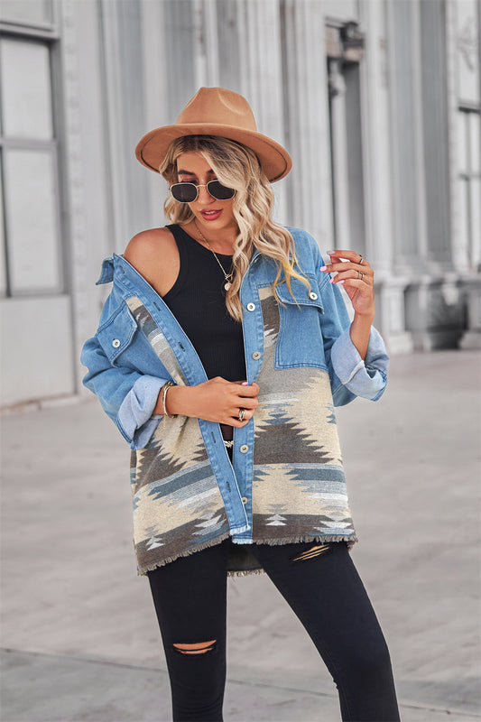 Oversized Aztec Denim Jacket Women Long Trench Western Style