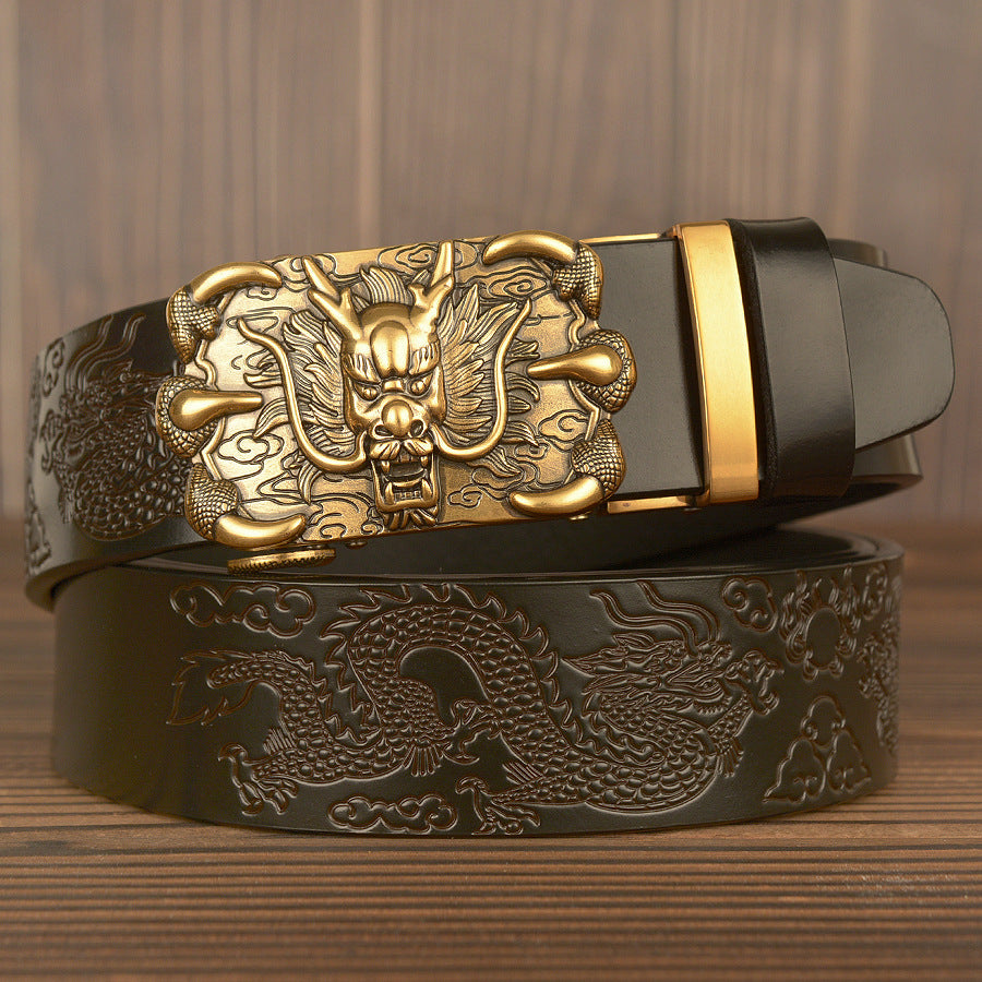 Men’s Genuine Cowhide Leather Belt with Double Dragon Oval Buckle
