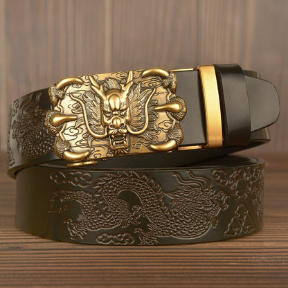 Men’s Genuine Cowhide Leather Belt with Double Dragon Oval Buckle