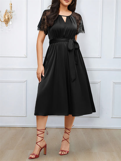 Black Lace Sleeve A-Line Evening Dress With Waist Tie