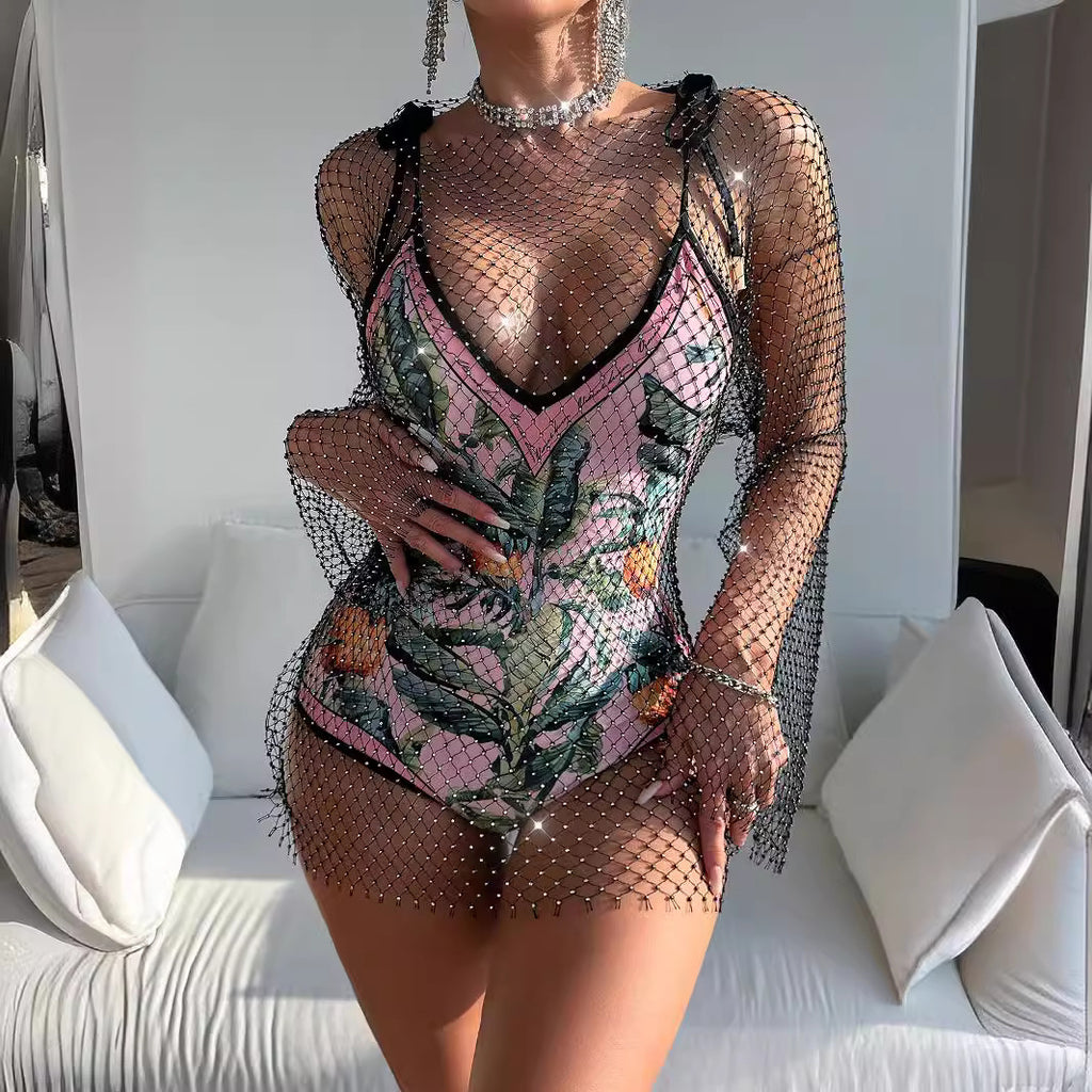 Mesh rhinestone long sleeve festival dress 1 XS