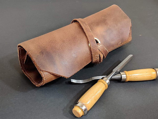 Leather Tool Roll Up Pouch Brown