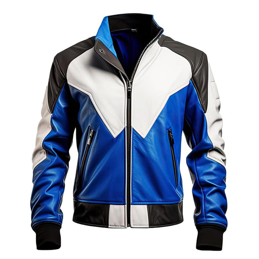 Men's Blue White Racer Leather Jacket