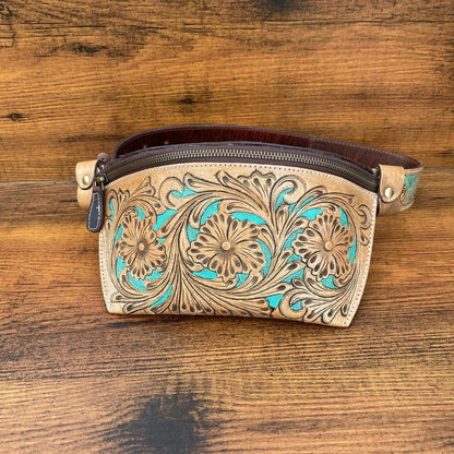Western Hand Tooled Leather Waist Purse Fanny Bag