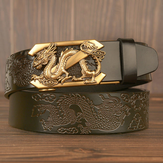 Men Dragon Leather Belt With Alloy Automatic Buckle