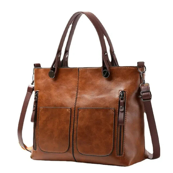 Womens Real Leather Tote Handbag Multi Pockets