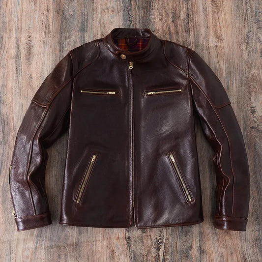 Men Waxed Leather Motorcycle Jacket