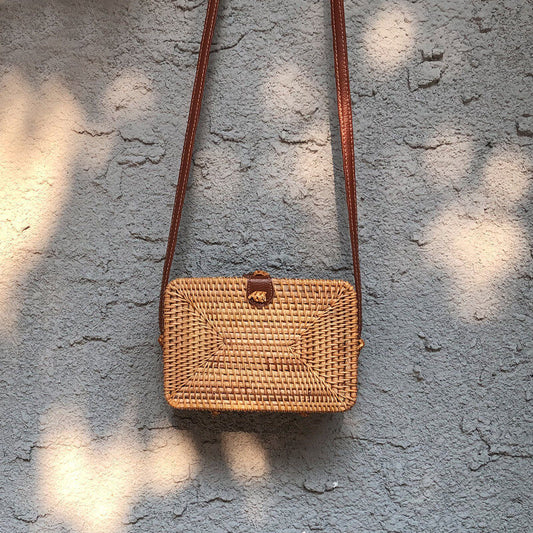 Handwoven Rattan Straw Sling Purse