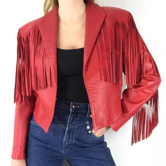 Women's Red Leather Fringe Jacket