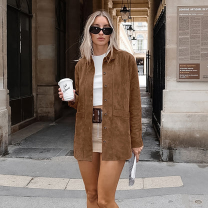 Brown Faux Suede Jacket Women’s Long Sleeve Lapel Coat with Pockets