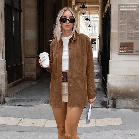 Brown Faux Suede Jacket Women’s Long Sleeve Lapel Coat with Pockets