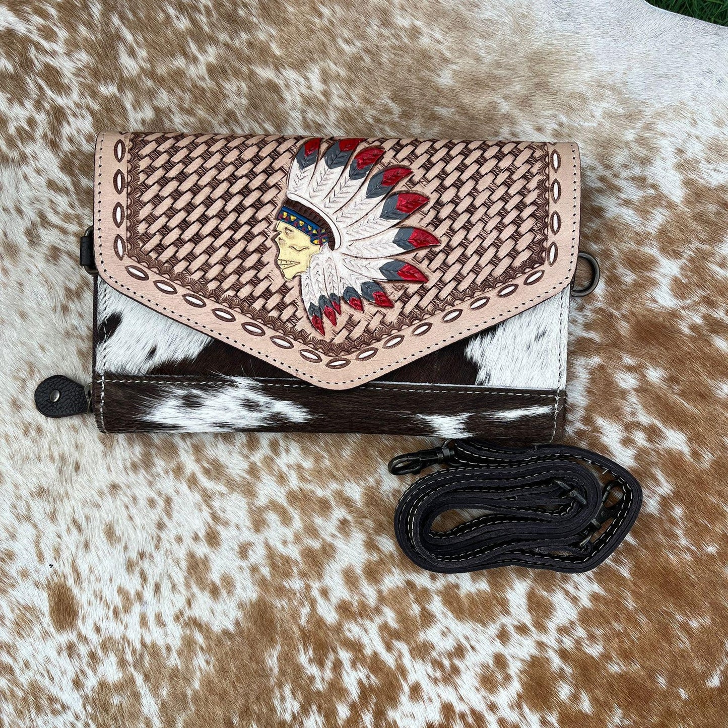 Tooled leather cowhide crossbody bag