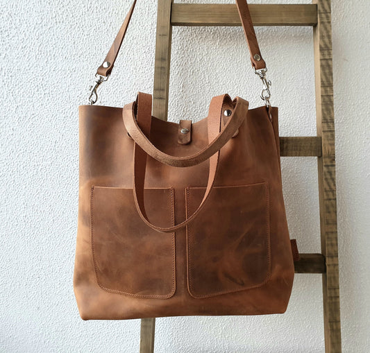 Large brown pull up leather tote bag