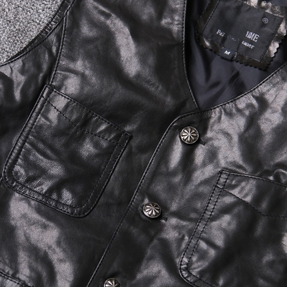 Men Leather Vest Sheepskin Black V-Neck Button Waistcoat