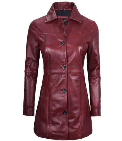 Genuine Leather Maroon Trench Coat