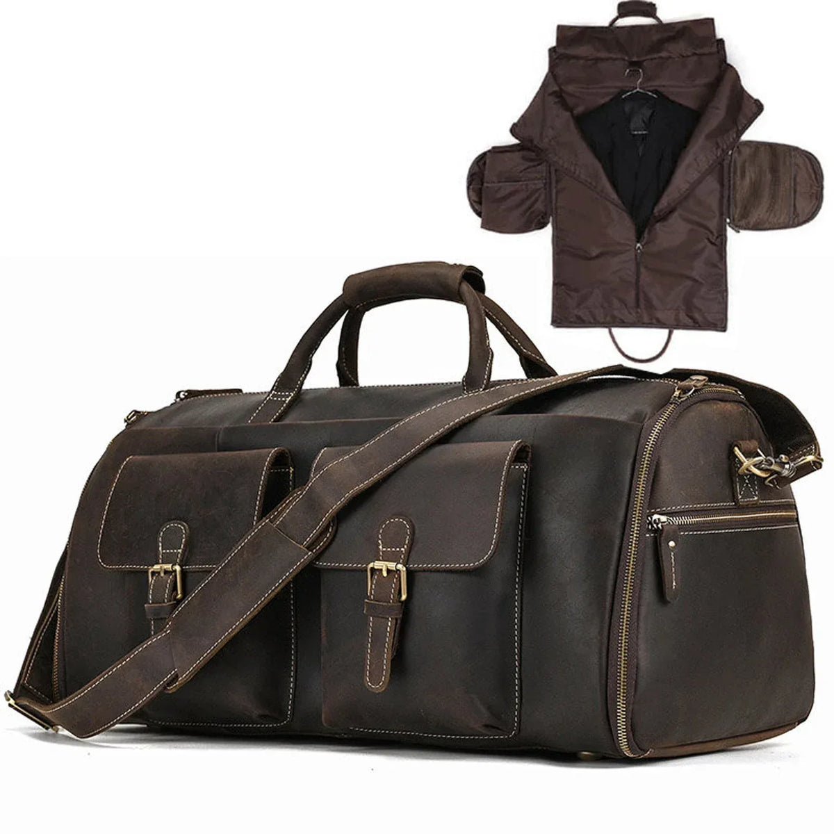 Leather Duffle Garment Bag with Shoe Pocket