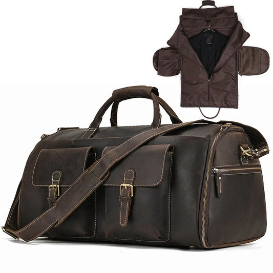 Leather Duffle Garment Bag with Shoe Pocket