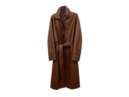 Brown Leather Trench Coat for Women with Belted Waist