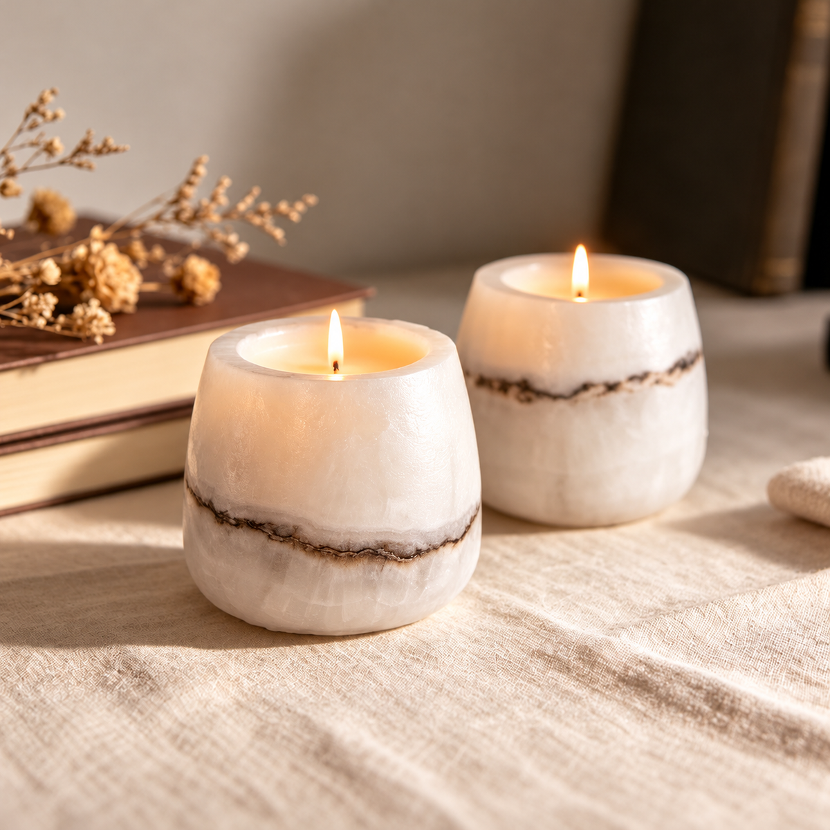 Small White Marble Candle Cup with Brown Veining for Home Decor