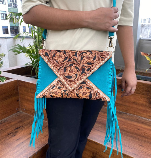 Turquoise Tooled Leather Crossbody Purse with Fringe