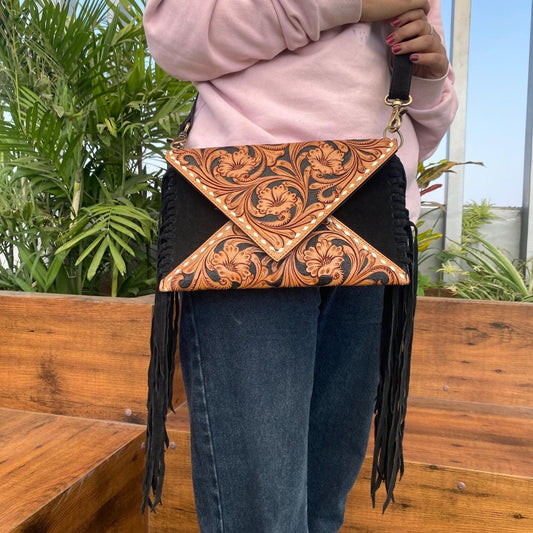 Suede Tooled Leather Crossbody Sling Purse