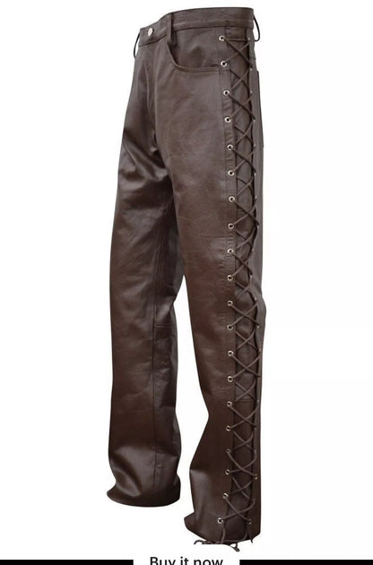 Men's Leather Side Laces Motorbike Pant