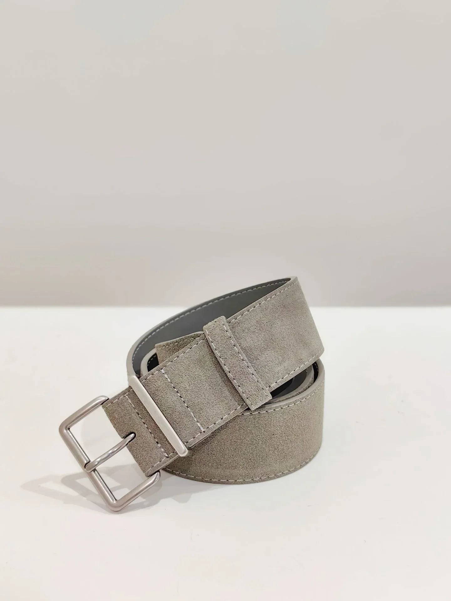 women suede leather wide belt with silver buckle grey