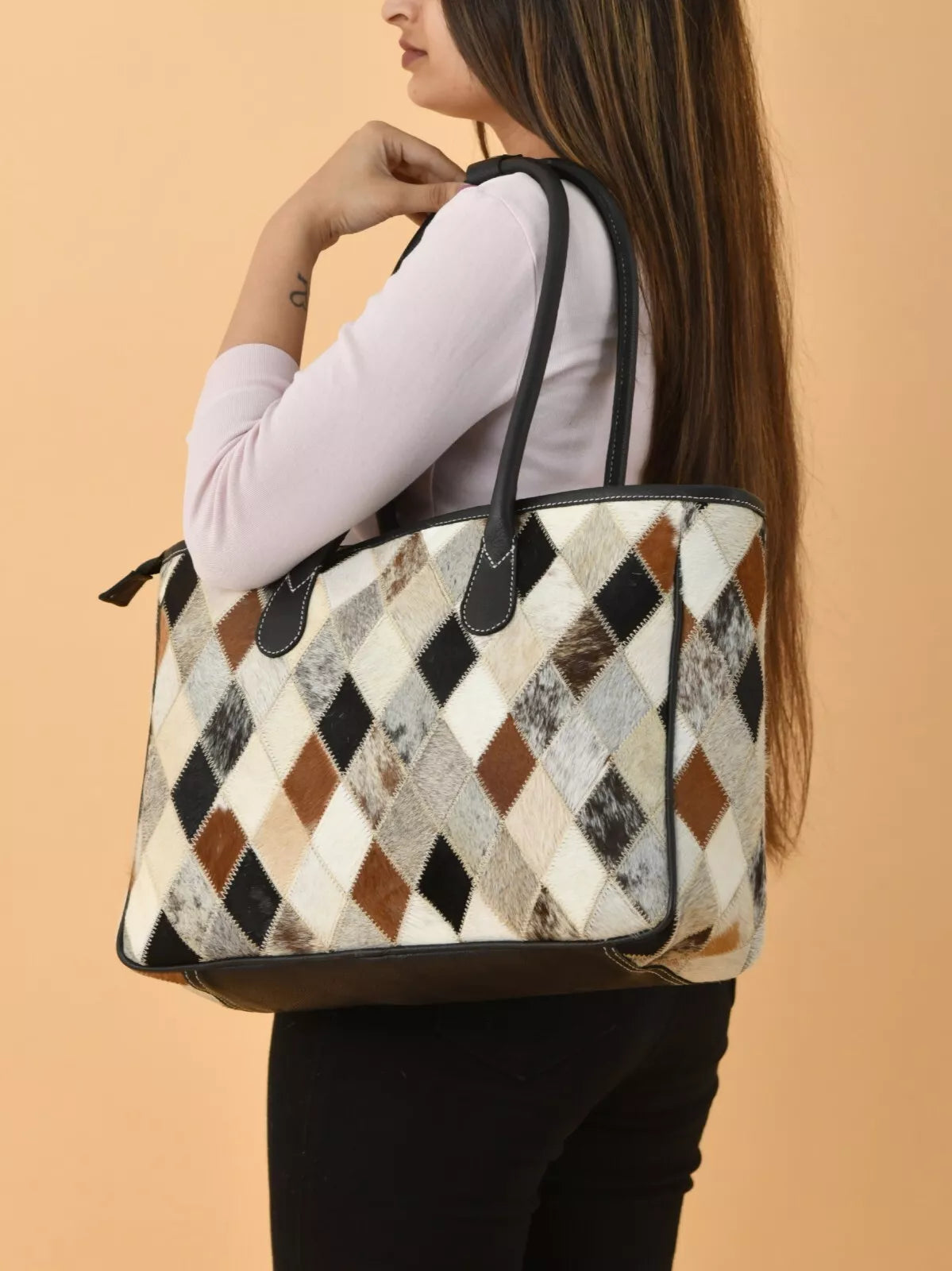 Patchwork Cowhide Leather Tote Bag