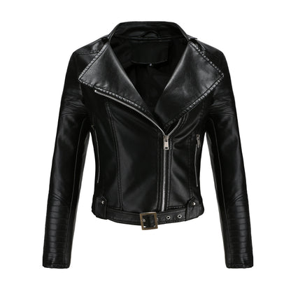 Women’s Faux Leather Motorcycle Jacket with Belt