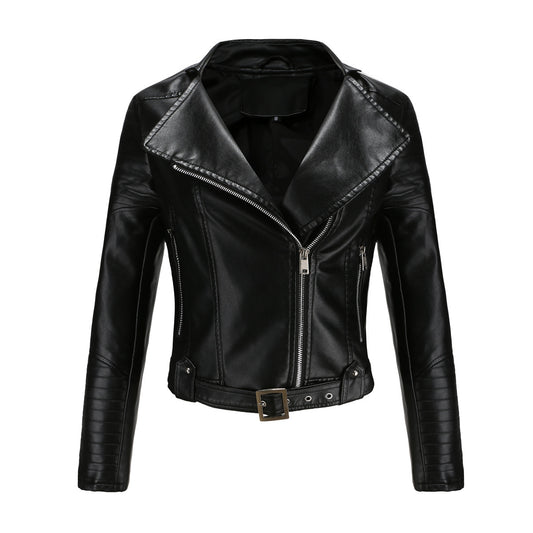 Women’s Faux Leather Motorcycle Jacket with Belt