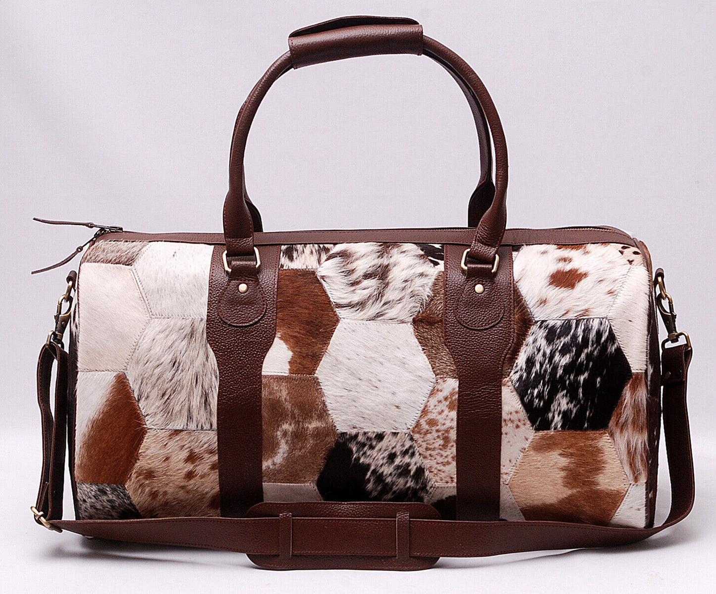 Patchwork Cowhide Duffle Overnight Bag