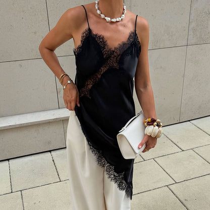 Women Satin Lace Slip Dress – Imitation Silk Lace Slit Inner Dress