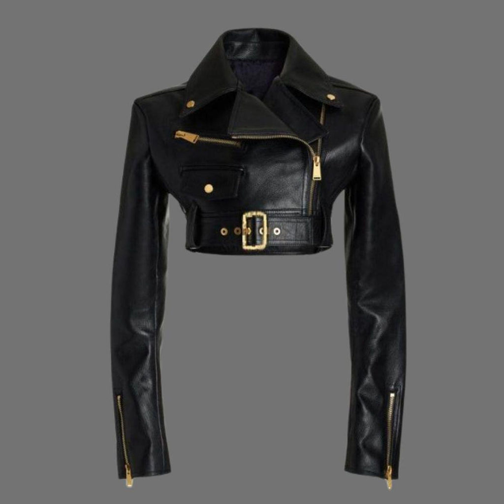 Black Cropped Leather Motorcycle Jacket