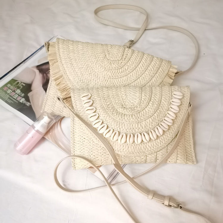 Braided Straw Crossbody Shell Bag