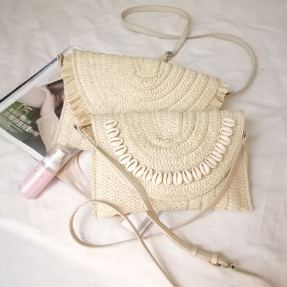 Braided Straw Crossbody Shell Bag