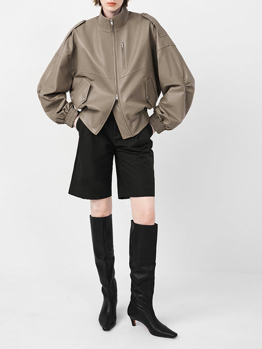 Women Leather Oversized Jacket Retro Stand Collar Motorcycle Coat