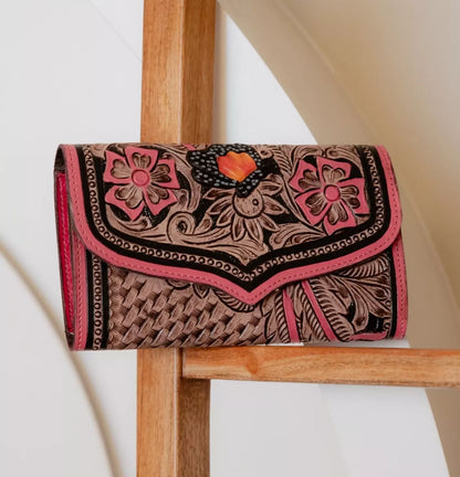 Pink Hand Tooled Leather Clutch Purse