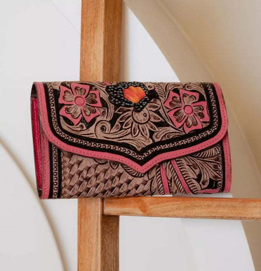 Pink Hand Tooled Leather Clutch Purse
