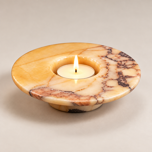 Round Marble Tealight Candle Holder with Peach Veining and Shallow Dish 1