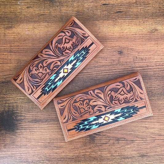 Hand Tooled Leather Wallet Long Cowboy Purse