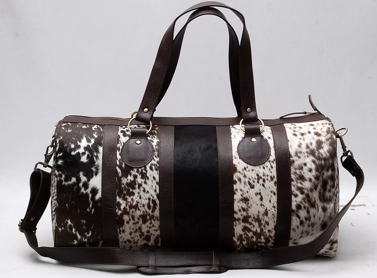 Cow Print Cowhide Bag with Deep Leather Accents