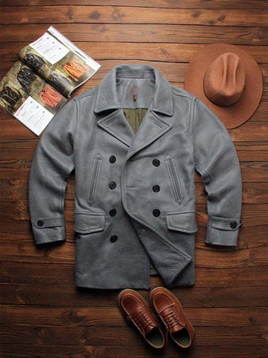 Matte top-grain cowhide mid-length leather coat