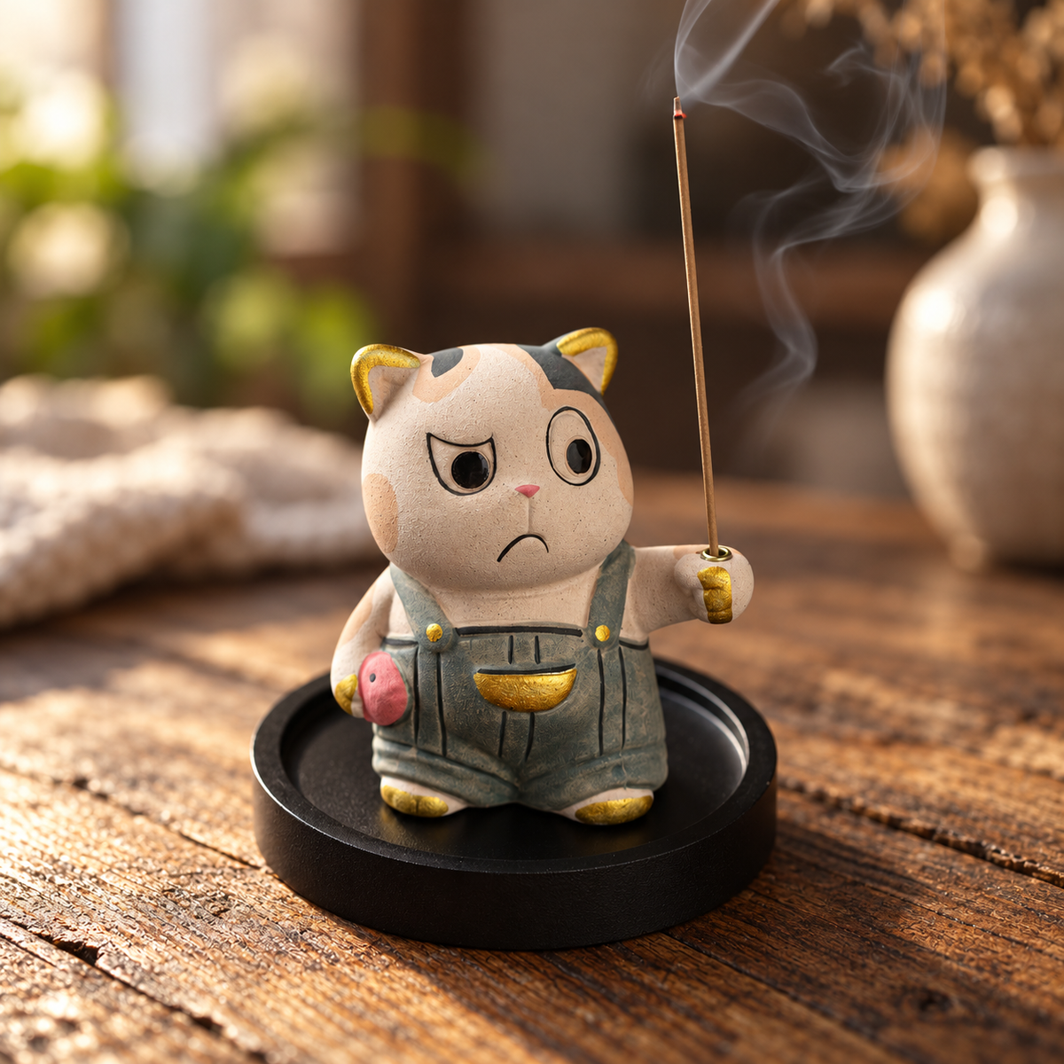 Stick Incense Holder Cute Cat Figurine with Optional Round Tray