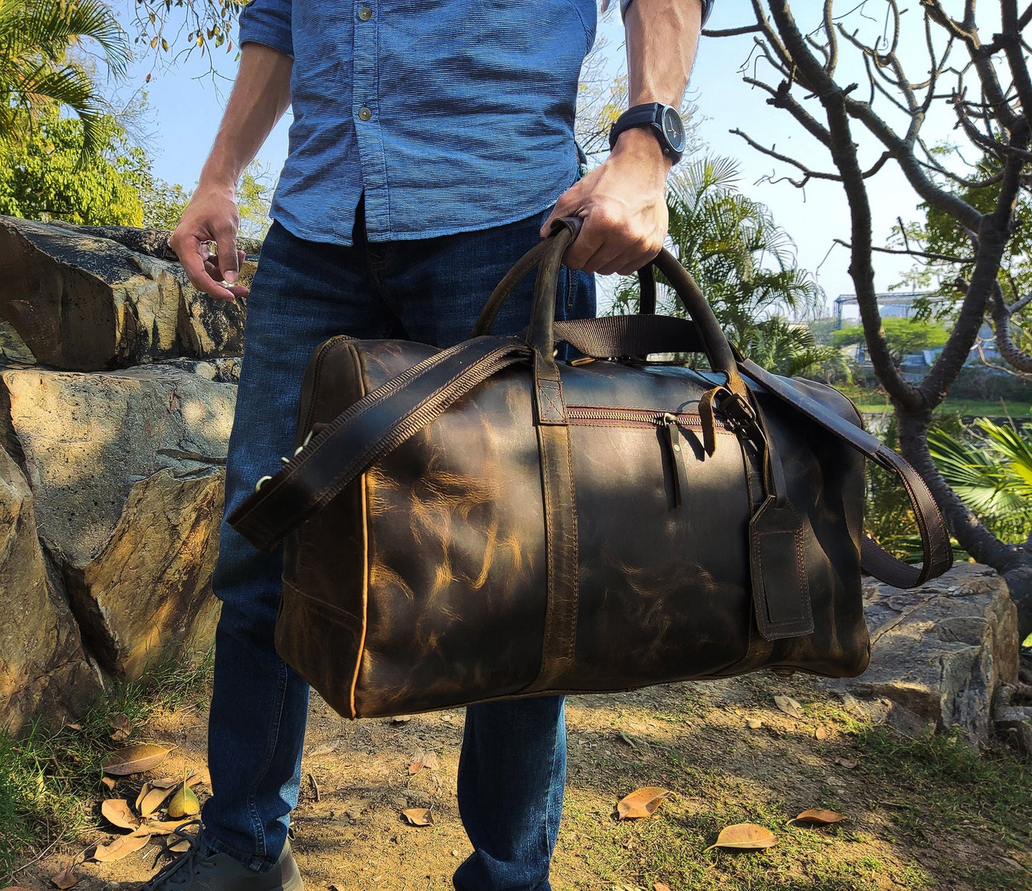 Genuine Leather Travel Overnight Duffle Bag