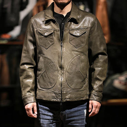 Men Leather Jacket Double Zip Bomber