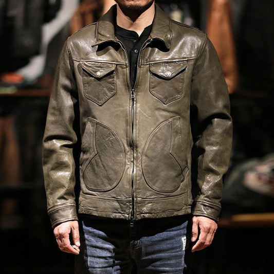 Men Leather Jacket Double Zip Bomber