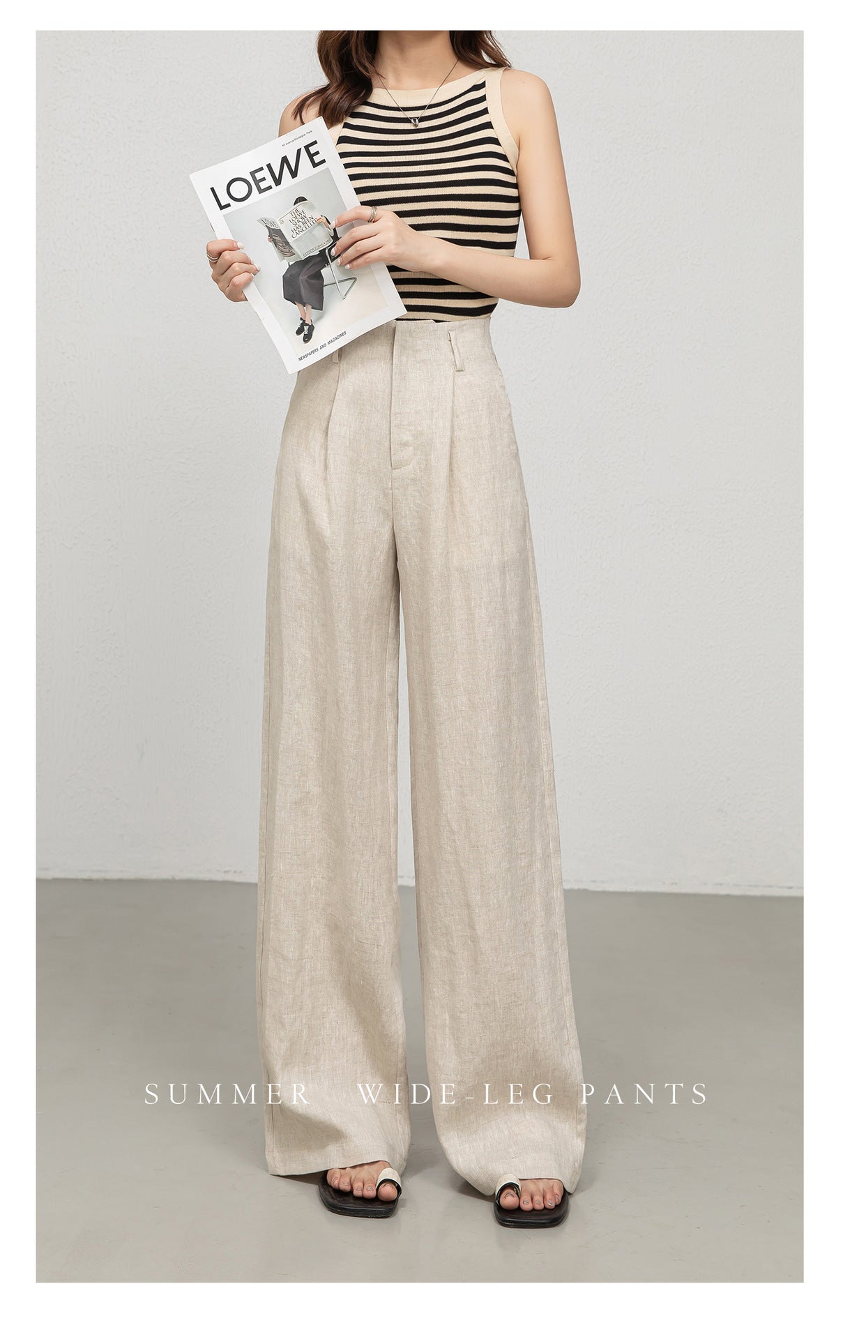 High waist women linen pants with wide leg